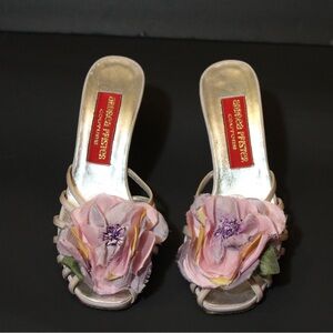Andrea Pfister Couture Silk Floral Levander Strappy Women's Shoes Sz 5.5